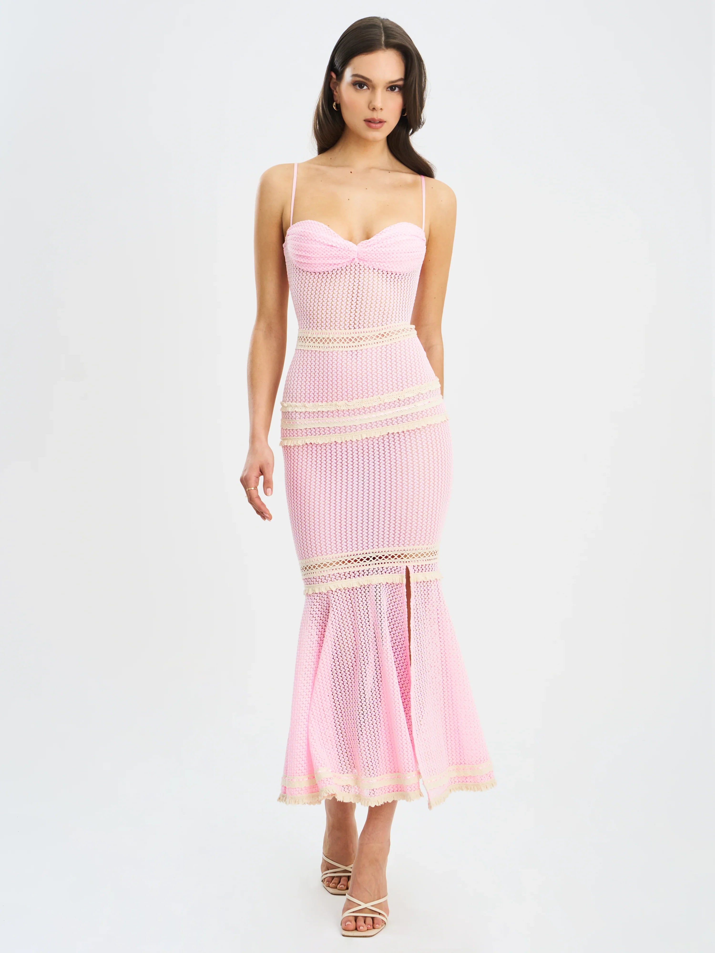 Pallas Pink Lace Trim Crochet Mermaid Maxi Dress