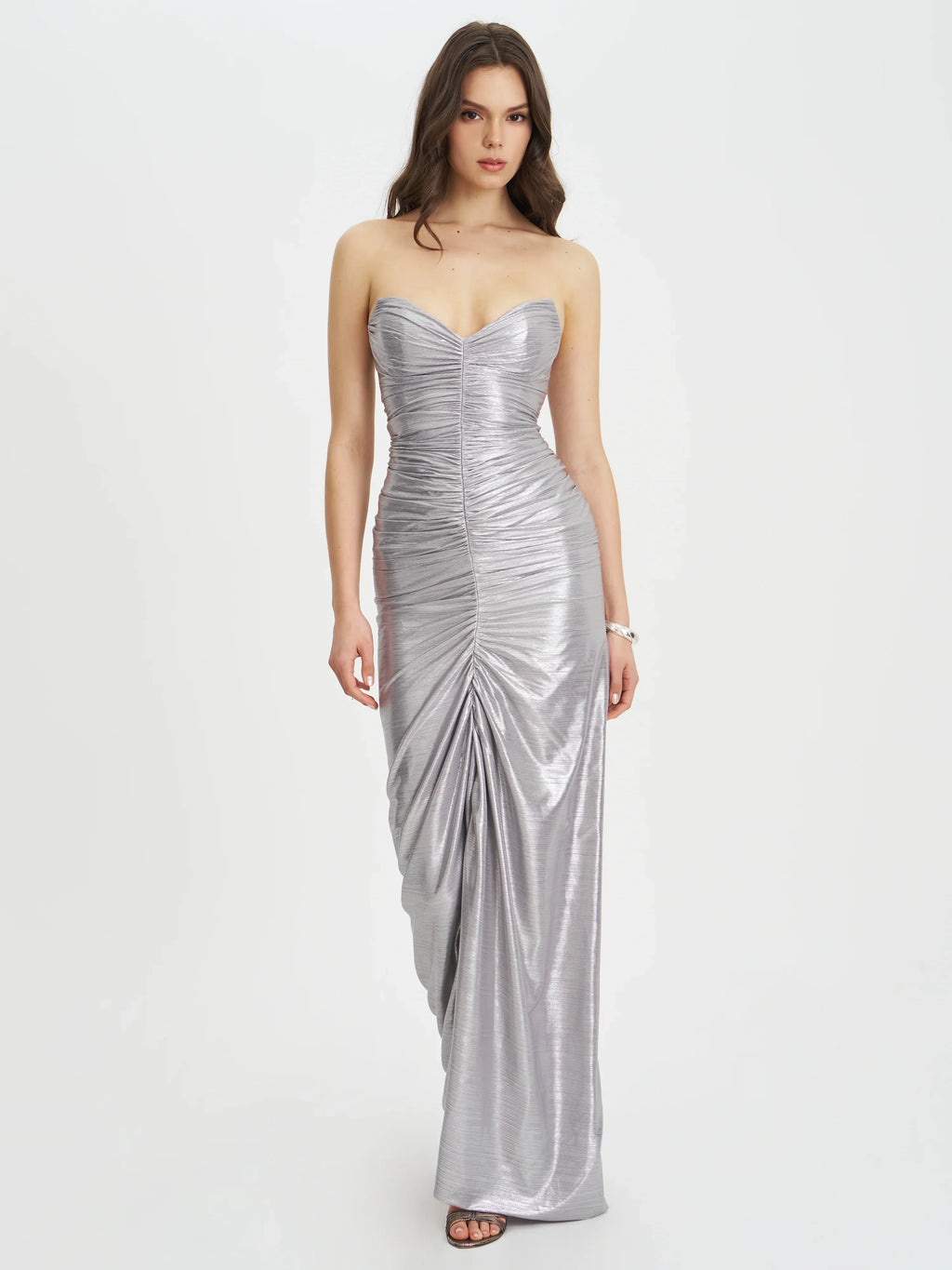 Sable Ruched Silver Glitter Mermaid Gown