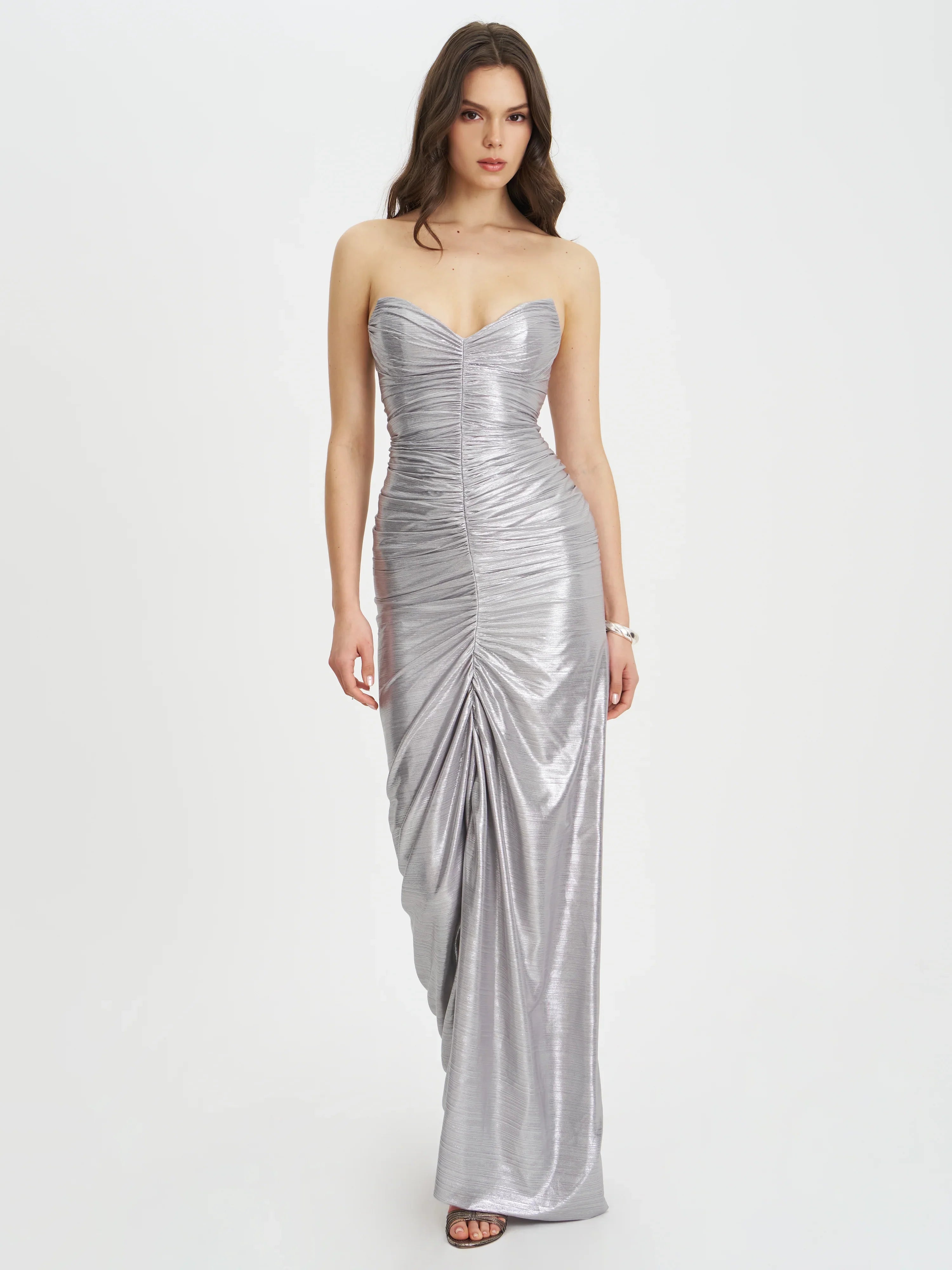 Sable Ruched Silver Glitter Mermaid Gown