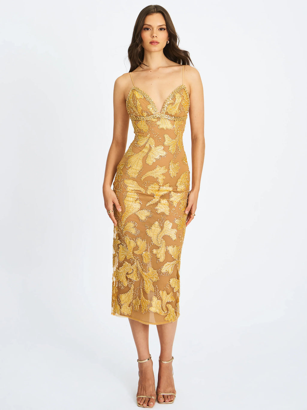Edie Gold Beaded Sequin Midi Pencil Dress