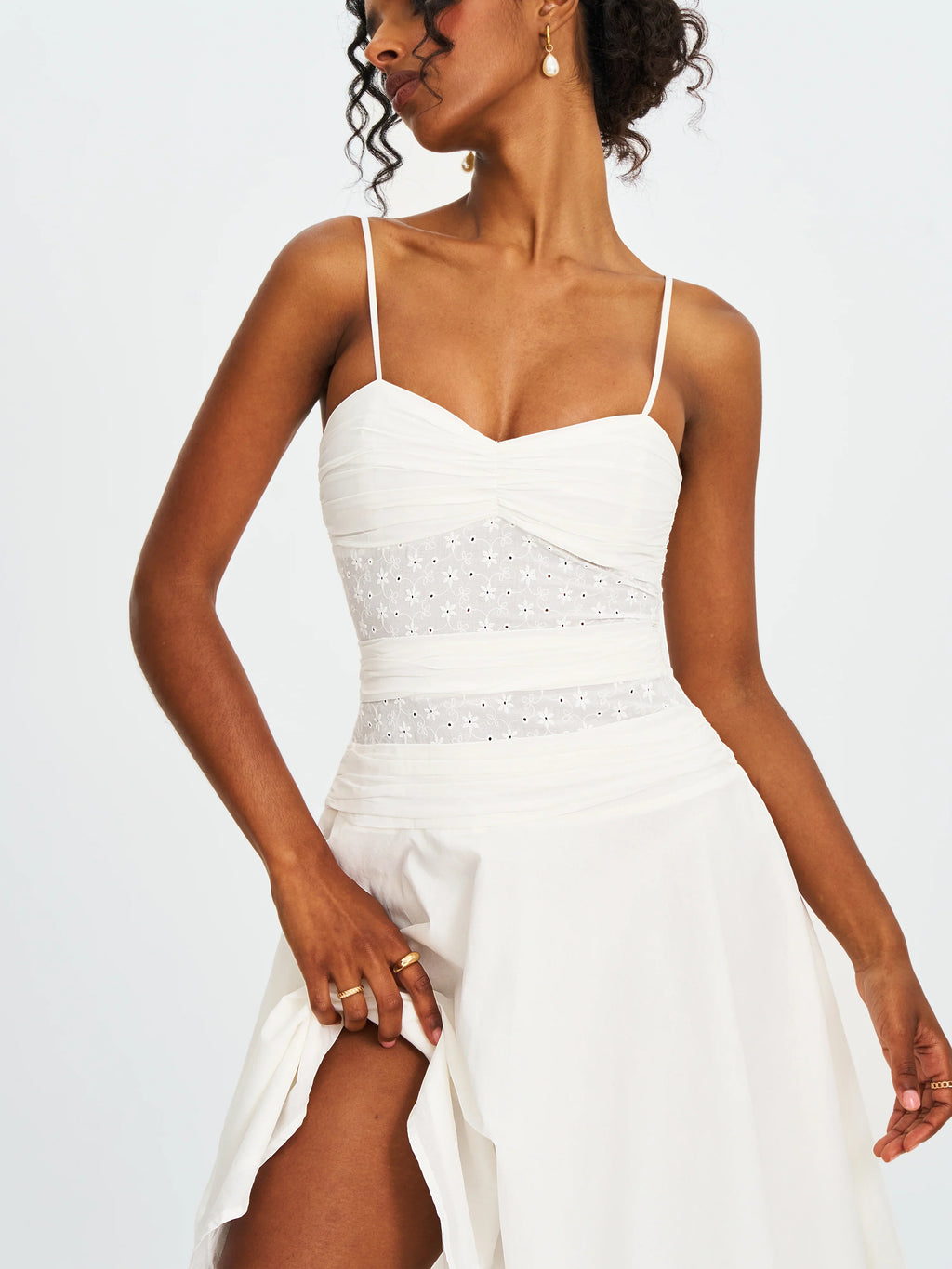 Maelis White Eyelet Drop Waist Cotton Midi Dress