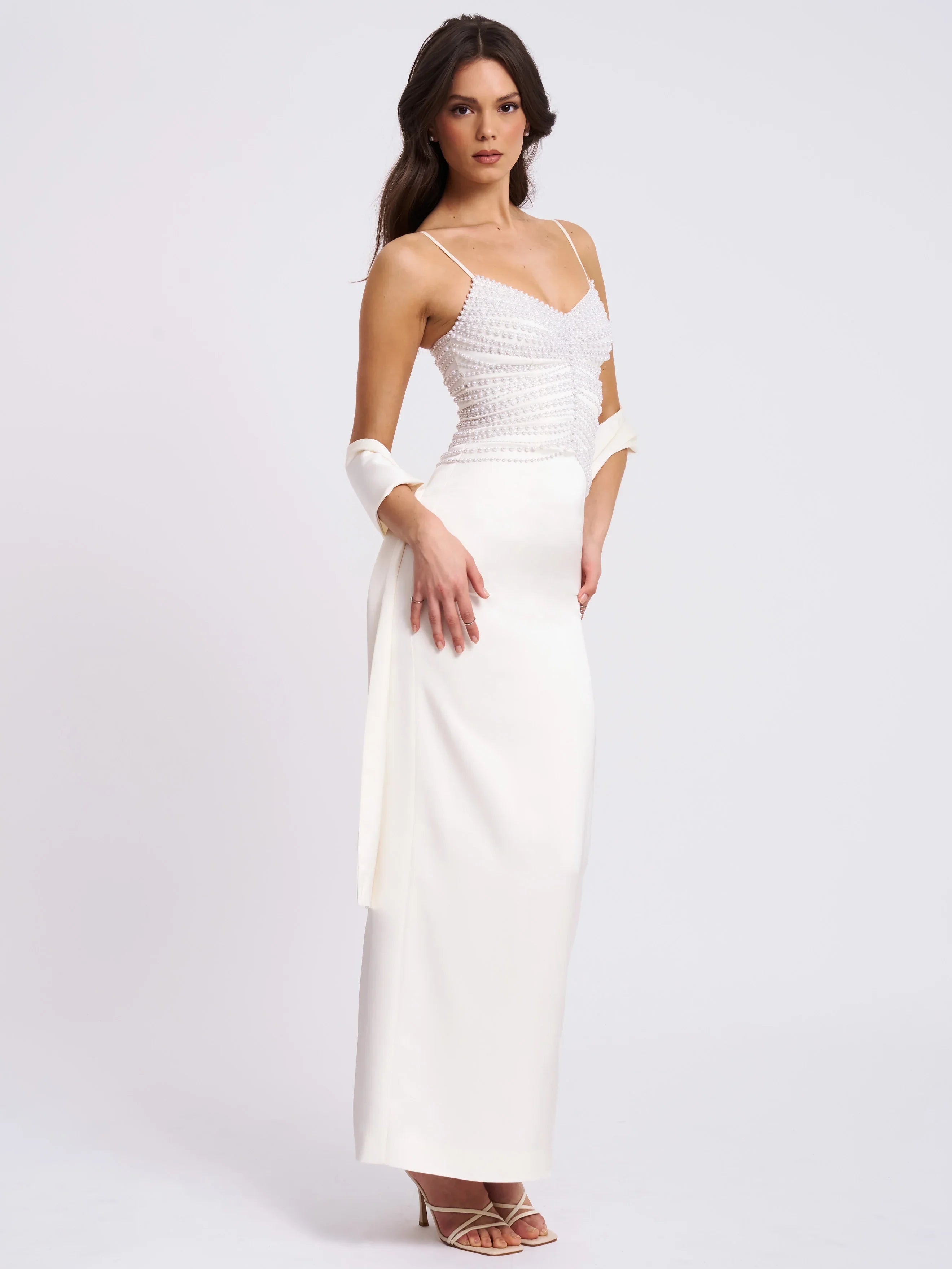 Karmen Pearl Top Pencil Slip Gown with Scarf