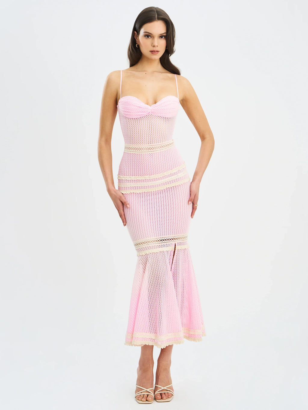 Pallas Pink Lace Trim Crochet Mermaid Maxi Dress