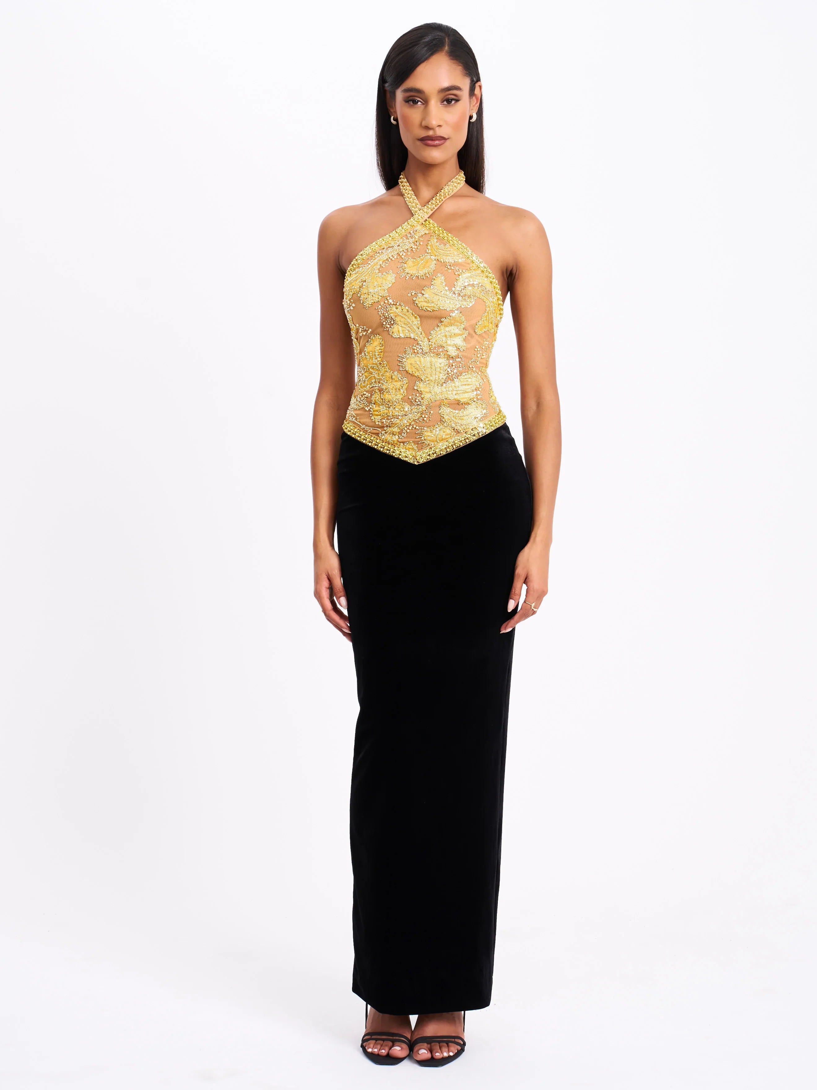 Gazelle Gold Embroidered Vintage Style Maxi Dress