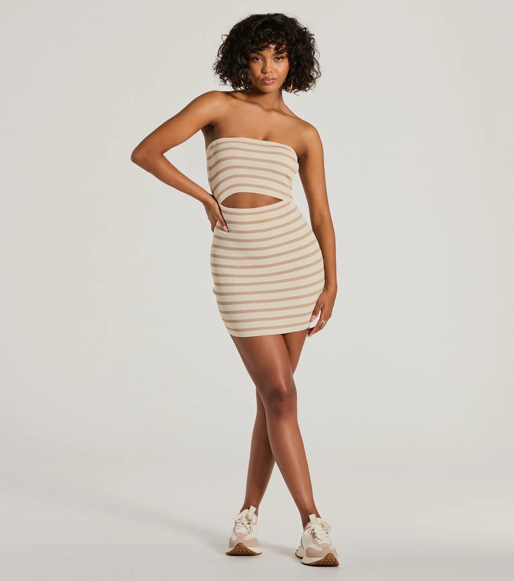 In A Daze Strapless Cutout Striped Knit Mini Dress