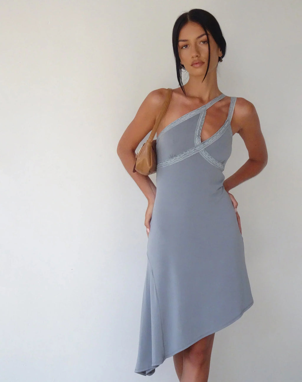 MOTEL X JACQUIE Chrissy Asymmetric Mini Dress in Slinky Grey