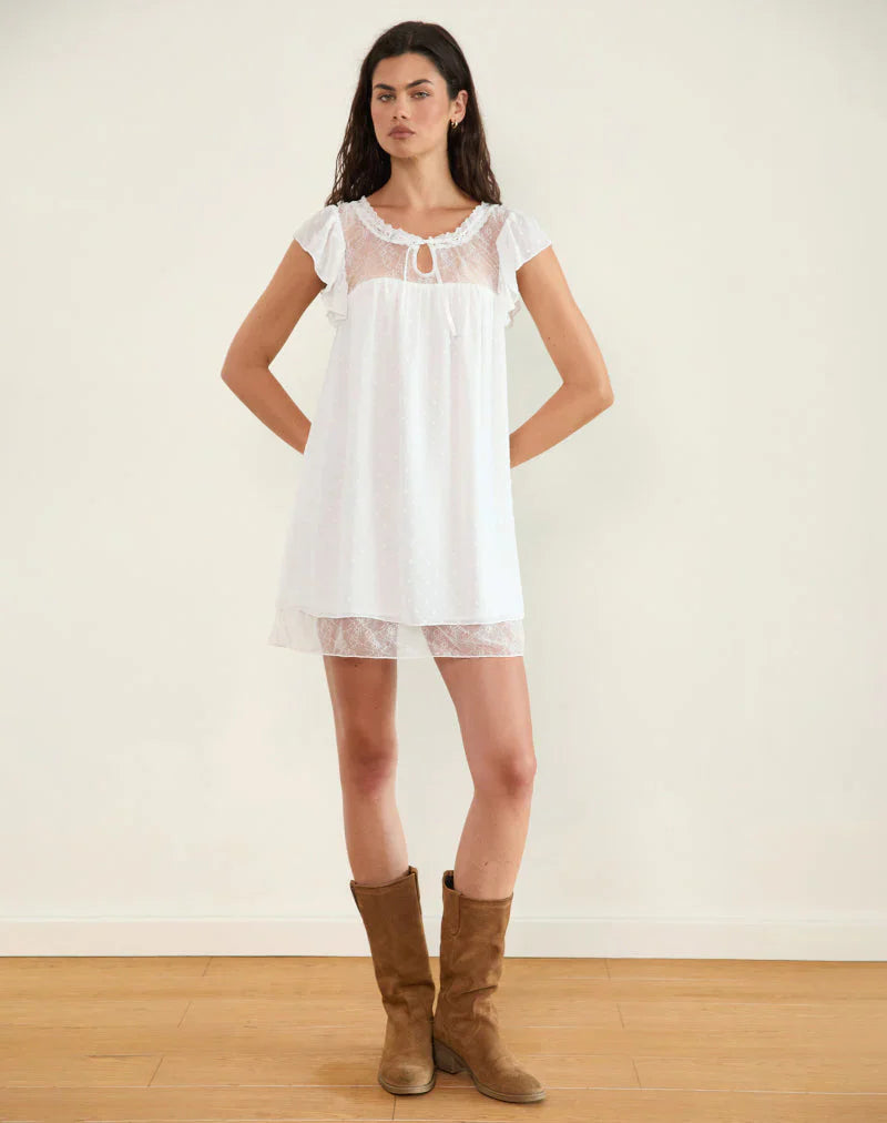Yagis Smock Mini Dress in Dobby Chiffon White Lace