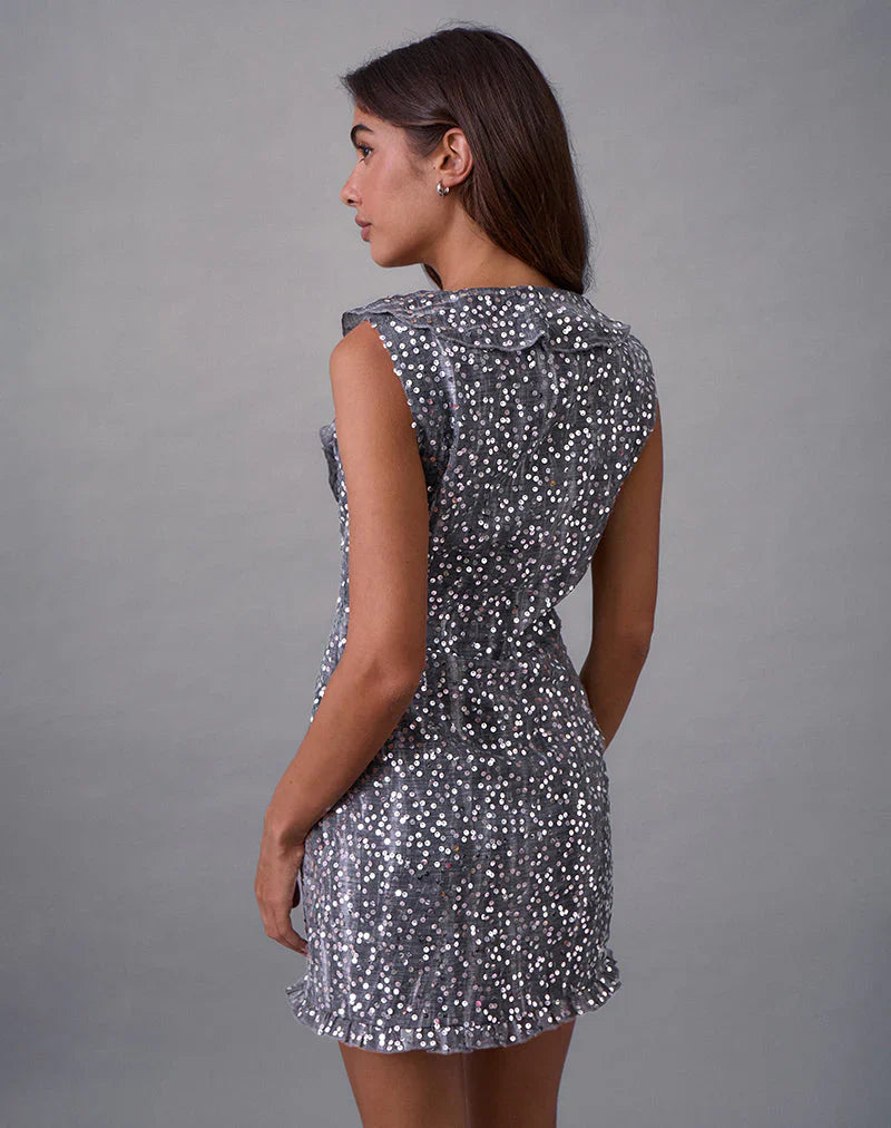 Kasuya Mini Dress in Chiffon Sequin Grey