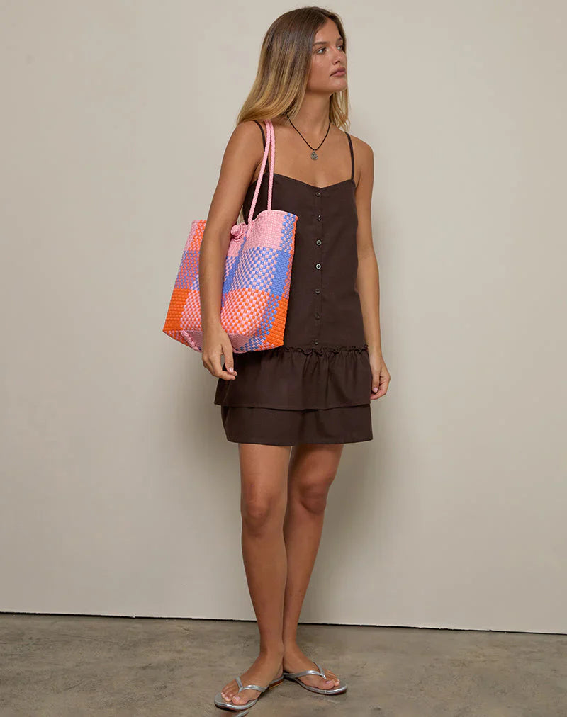 Mailina Linen Button Up Mini Dress in Chocolate Brown