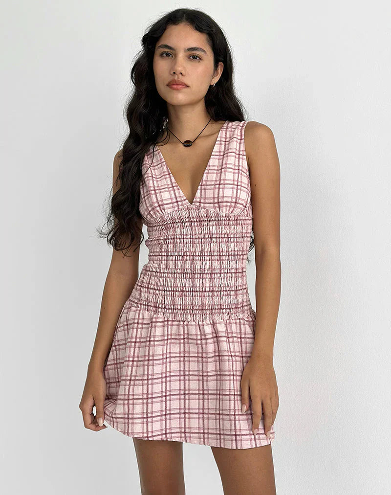 Hevoria Mini Dress in Basic Tartan Pink