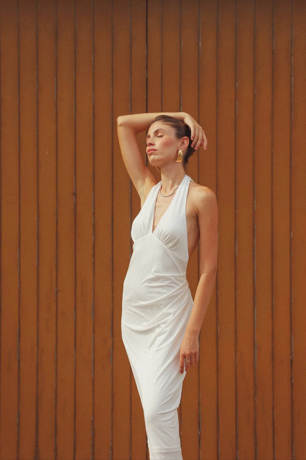 Pleated Backless Halter Dress | White