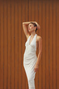 Pleated Backless Halter Dress | White