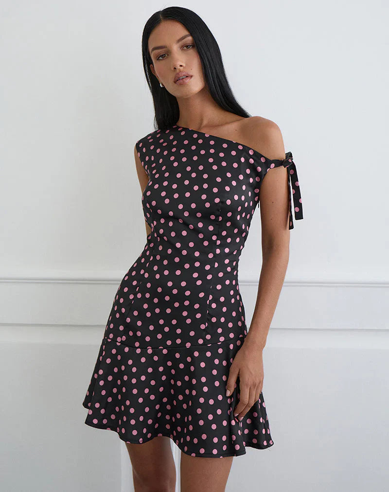 Maribel Mini Dress in Black Satin Scattered with Pink Polka