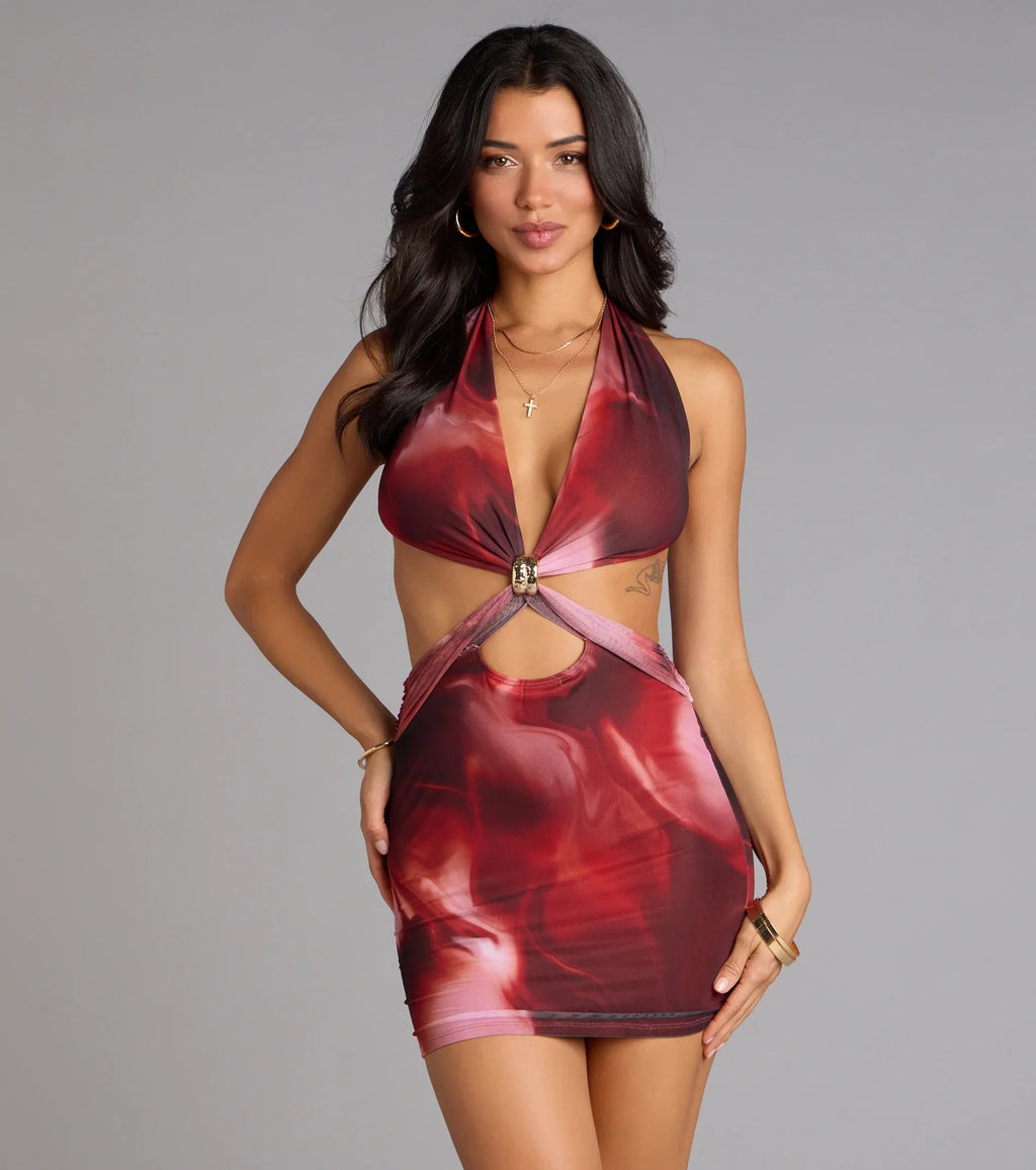 Daring Babe Abstract Print Cutout Mini Dress